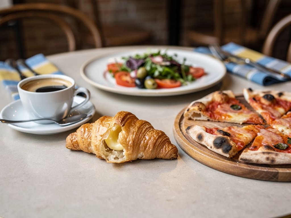 Tavolo con espresso, cornetto, piatto per il pranzo e richiami alla cena