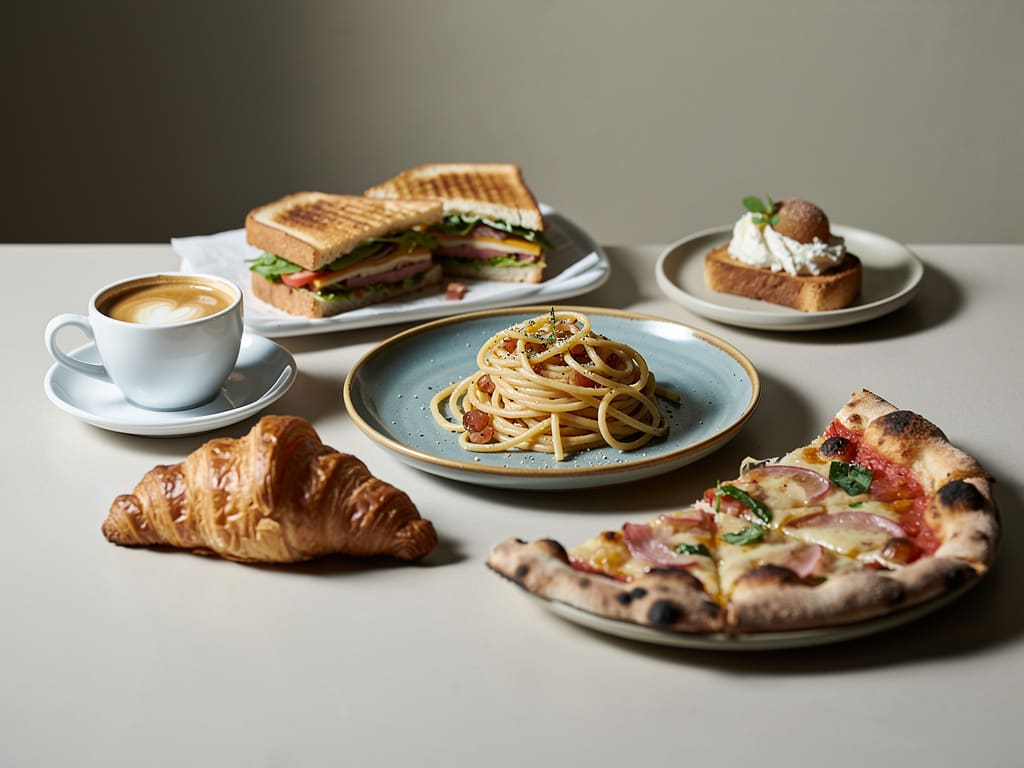 Selezione di piatti del locale con espresso, cornetto, pasta, panino caldo, pizza e dessert